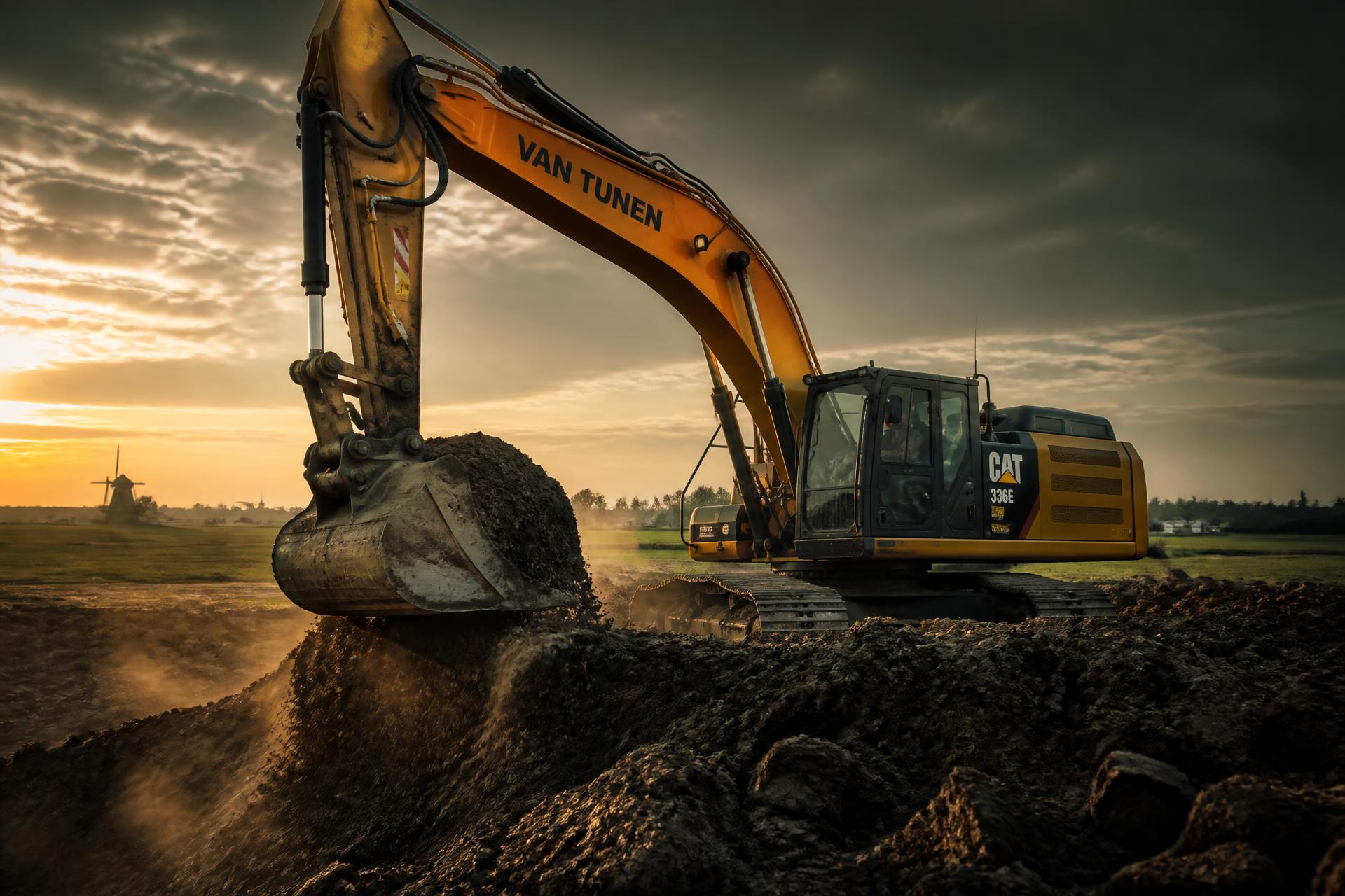 Graafmachine aan het werk op een Nederlands bouwterrein bij zonsopgang